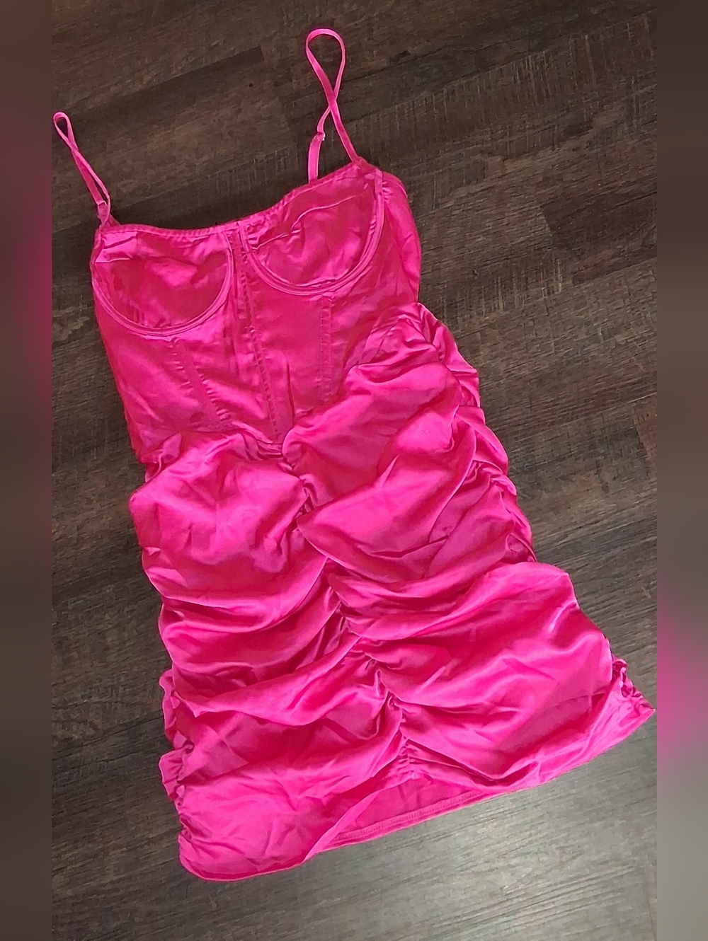 PrettyLittleThing Hot Pink Satin Ruched Cami Mini Dress
